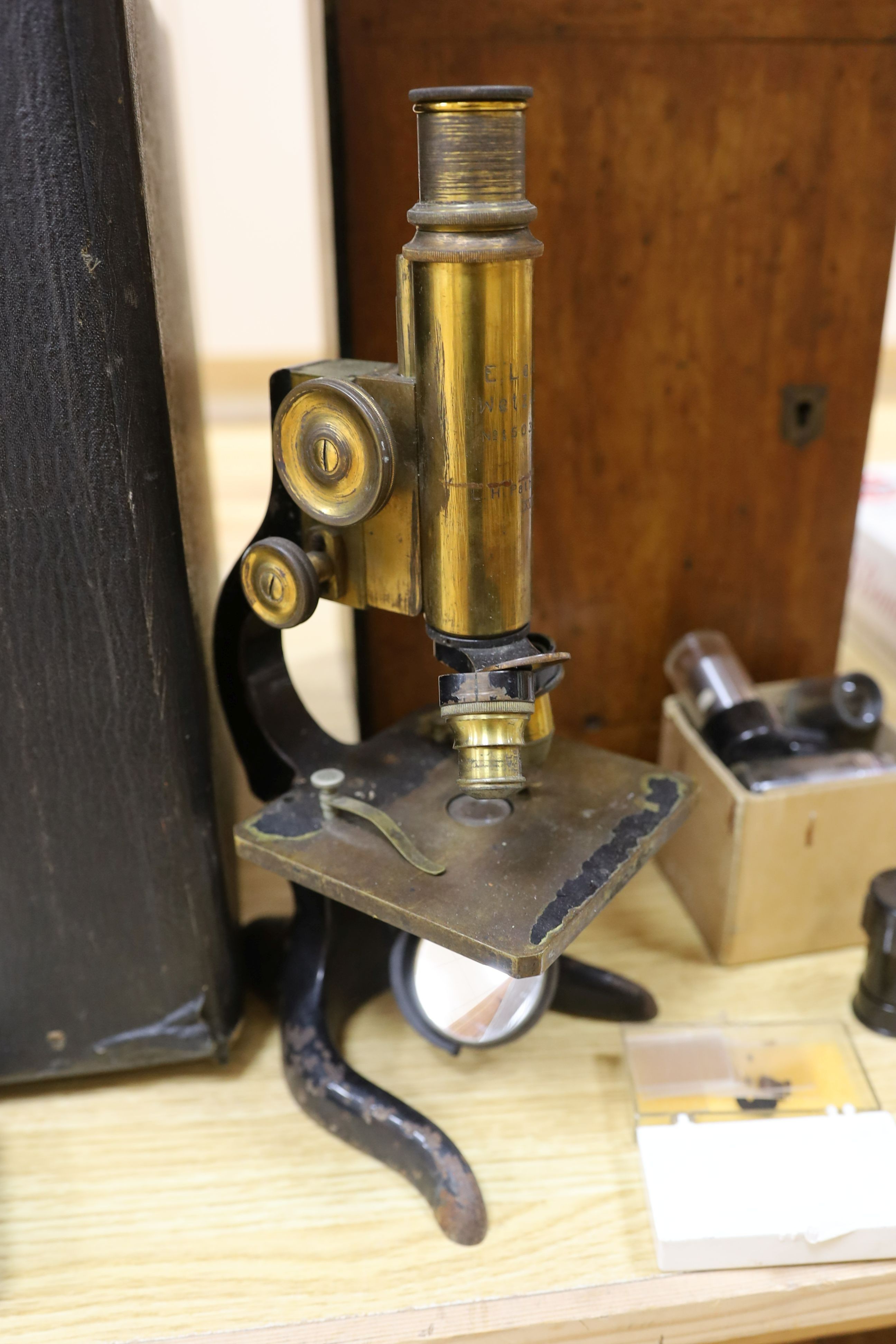 A Victorian sewing machine, Corona typewriter and two microscopes